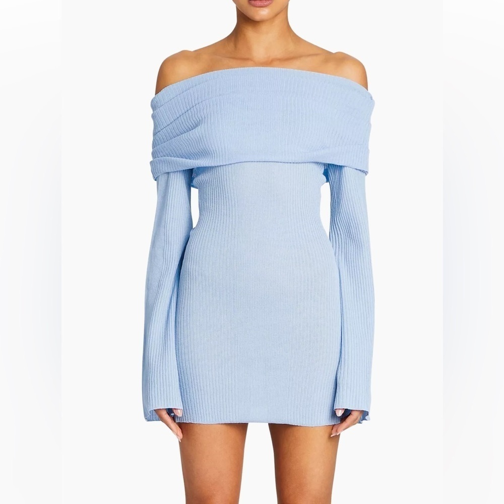 SER.O.YA Galli Mini Dress blue ribbed knit mini off shoulder Sweater Revolve XXS